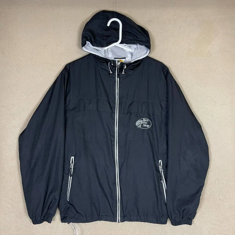 Bass Pro Shops Jacket Adult Medium Black Windbreaker‎ Full Zip Hoodie Lined Mens